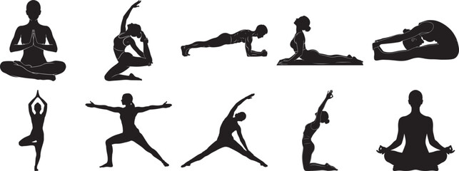 Yoga exercise silhouette vector set showing meditation stretching and fitness poses for wellness training