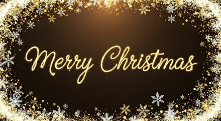 Sparkling golden merry christmas text, framed by a festive border of glitter and snowflakes on a dark background, perfect for holiday greetings