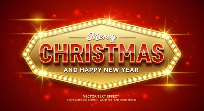 Merry christmas and happy new year festive golden marquee sign with sparkling lights on a vibrant red background, perfect for holiday greetings and celebrations - Powered by Adobe