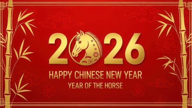 Happy chinese new year 2026 year of the horse greeting card with golden bamboo and clouds