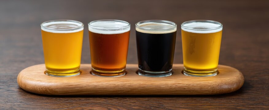 The beer flight tray displays four vibrant and flavorful craft beer samples.