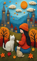 Young Girl in Red Knit Hat and Sweater Feeding White Cats Among Vibrant Orange Trees, Gray Stone Castle Towers, Rolling Mountains, Woolly Clouds, and Golden Sun, Cozy Home Decor