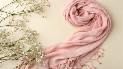 hello spring concept A soft pink scarf is elegantly draped alongside delicate white flowers on a light, neutral background. 