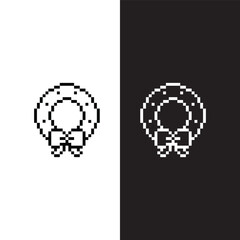 black and white pixel art Christmas wreath 8 bit vector icon art for computer game