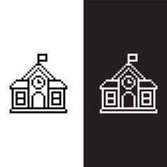 black and white pixel art school building 8 bit vector icon art for computer game	