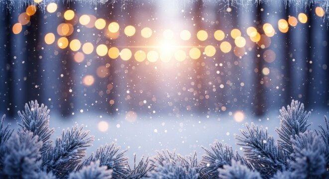 Snowy forest with glowing fairy lights and snowflakes falling, creating a magical winter scene.