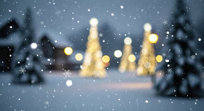 Christmas tree with lights and snowflakes in a snowy landscape.