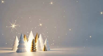 A group of white and gold Christmas trees with stars and snowflakes on a gray background.