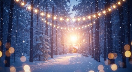 Obraz premium A serene winter wonderland with a wooden cabin nestled in a snow-covered forest, illuminated by a string of fairy lights, with a soft, golden glow and a gentle snowfall.