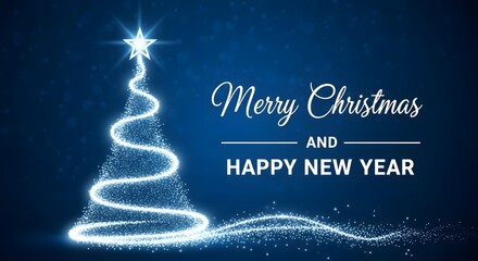 A luminous blue christmas tree of shimmering light particles with a star, on a dark blue background, displaying merry christmas and happy new year