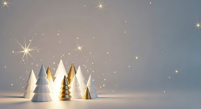 A group of white and gold Christmas trees with stars and snowflakes on a gray background.