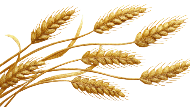 Golden ears of wheat, cereal grain crop plants, isolated on a white background, signifying agriculture and harvest