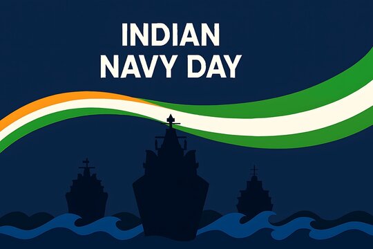Indian navy day celebration with flag and ships silhouette