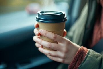 A close-up of hands holding a warm travel mug, taking a sip of coffee on the go, symbolizing the morning commute.