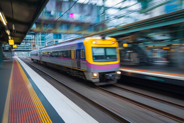 A vibrant commuter train arriving at a bustling station, with blurred motion indicating a busy morning rush hour.