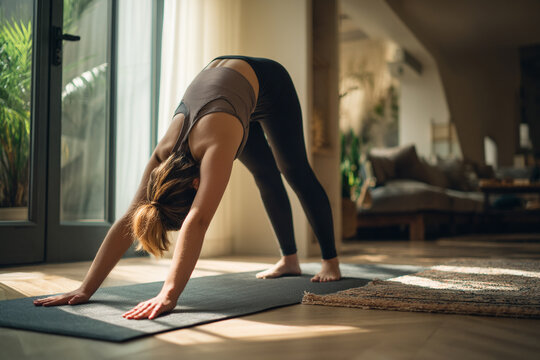 A dynamic shot of a person stretching gracefully on a yoga mat, performing a sun salutation in their living room, starting the day mindfully. - Powered by Adobe