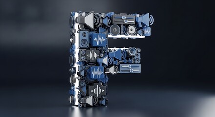 Letter F formed by audio equipment and sound wave graphics.
