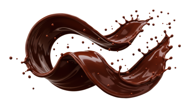 Molten dark chocolate, viscous and glossy, forms dynamic splashes and swirling waves, frozen mid-motion, with reflective surfaces and droplets, against a transparent background with copy space,
