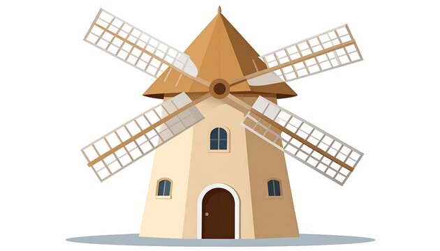 Beige windmill with rotating white-bladed sails, arched doorway and small square windows, on a white background