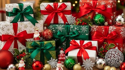 Christmas Gifts And Presents Wrapped In Ribbons