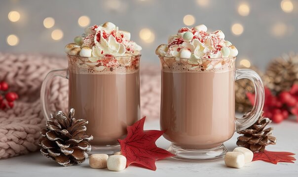 Festive mug of hot chocolate with marshmallows and holiday decor