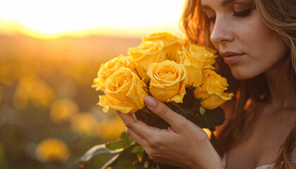 Romantic woman holding yellow rose bouquet during golden hour sunset, dreamy outdoor floral wedding atmosphere captured in soft light

