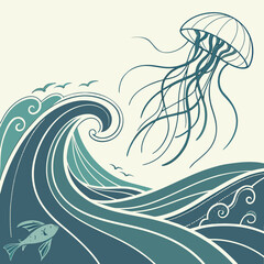 Stylized illustration of a jellyfish swimming above ocean waves and fish