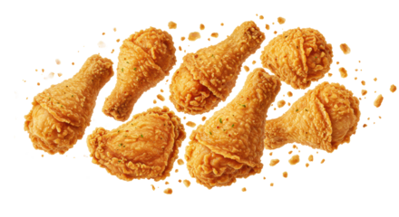 Multiple golden-brown, ultra-crispy fried chicken pieces, including drumsticks, dynamically suspended in mid-air with scattering crumbs against a transparent background, concept for food advertising