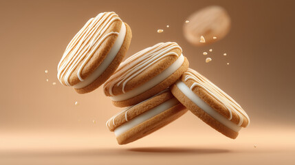 Cream cookie vanilla filling sandwich cookie caramel drizzle floating dessert sweet snack beige background soft light crumb minimal style. Cream cookie with vanilla filling and caramel drizzle