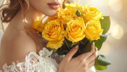 Romantic bride holding bouquet of yellow roses with soft natural light, elegant wedding floral concept photography