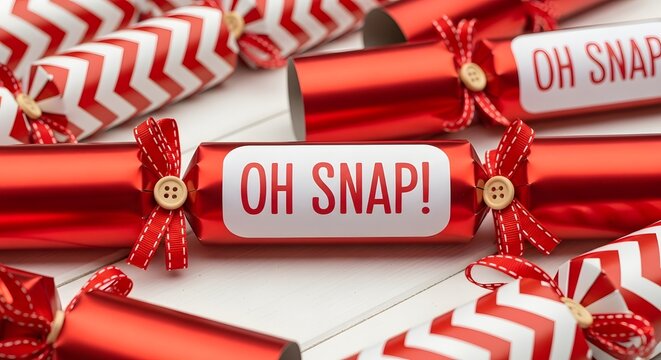 Red and white christmas crackers, some with oh snap text, arranged for holiday celebrations and party fun, isolated on white background