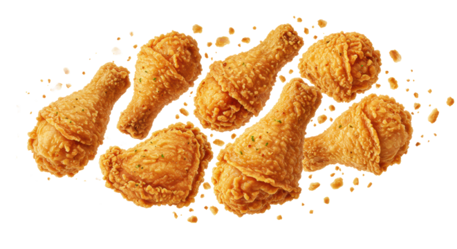 Multiple golden-brown, ultra-crispy fried chicken pieces, including drumsticks, dynamically suspended in mid-air with scattering crumbs against a transparent background, concept for food advertising