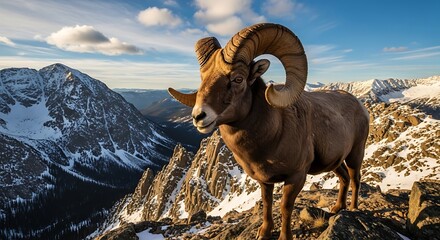Majestic bighorn ram stands on a rocky peak at sunrise.
