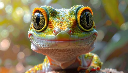 Charming, big-eyed gecko smiles warmly at the camera, surrounded by soft, bokeh-lit foliage