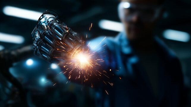 Robotic engineer automatic mechanic checking quality system automation arms faceless professional defocused factory background service programming machinery welding robots