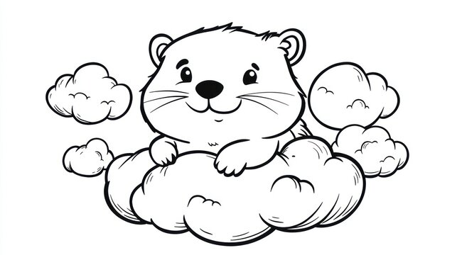 Cute cartoon marmot on cloud, sky background, coloring page