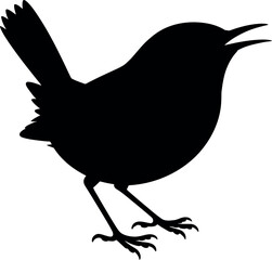 Black silhouette of a small bird singing white