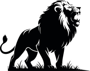 Roaring lion silhouette on grass black white