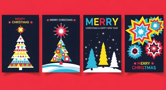 Collection of modern geometric christmas card designs featuring colorful abstract trees, starbursts, and festive typography on a dark background, perfect for holiday greetings and celebrations