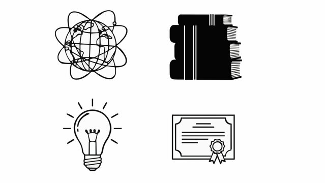Set of education-themed icons with globe, books, lightbulb, and certificate. Learning symbols