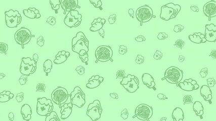 Seamless food pattern on a mint green background. Cute cartoon style illustration of food items for textile, wallpaper or backdrop
