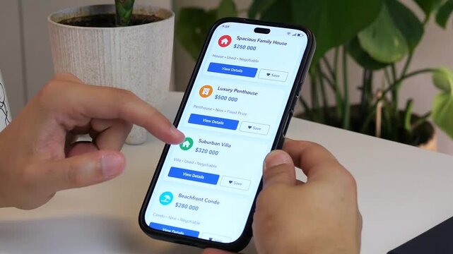 closeup of a mans hands browsing a variety of real estate listings on a smartphone. This cinematic clip captures the modern, digital journey of searching for a new home, from apartments to country - Powered by Adobe