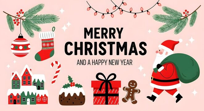 Christmas and new year greeting with santa claus, gifts, winter houses, and festive decorations on a pink background - Powered by Adobe