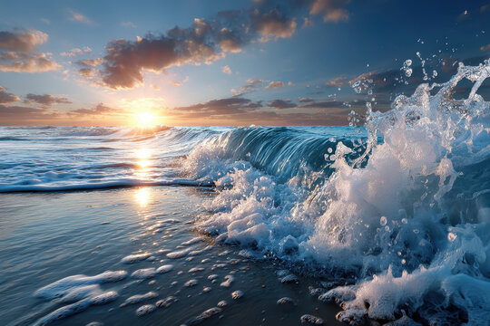 Ocean wave crashing on shore at sunset