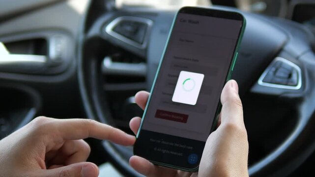 Slowmotion footage of a car owner efficiently scheduling vehicle care directly from the drivers seat. The successful booking process showcases how technology simplifies auto maintenance, ideal for