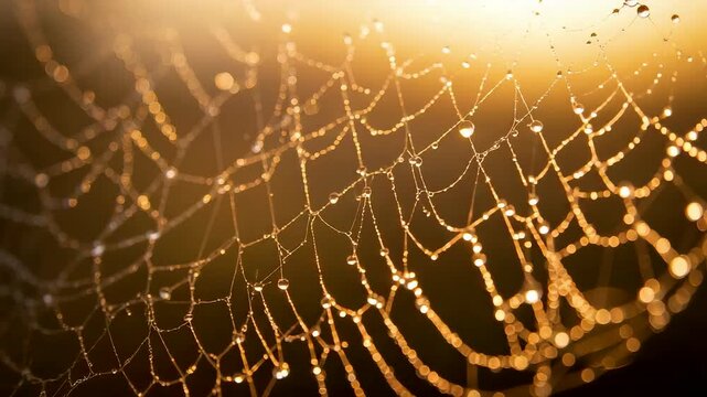 Golden sunrise illuminating delicate spider web covered with sparkling dew droplets, intricate natural pattern glowing in warm morning light