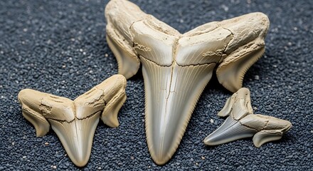 Three fossilized shark teeth rest on dark, grainy sand.