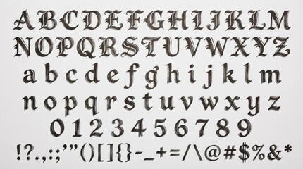 font alphabet in dry brush style from a to z numbers punctuation isolated on white background