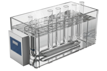 Laboratory water bath with heating coil and rack of glass test tubes on a transparent background