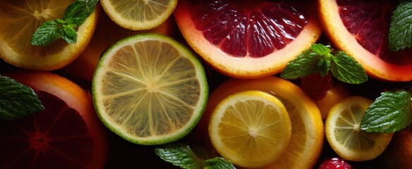 colorful fruit slices dive into chilled tea infusion like a cool rainbow bath